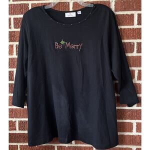 Quacker Factory Black “Be Merry” Rhinestones Knit Top 3/4 Sleeves Size 1X